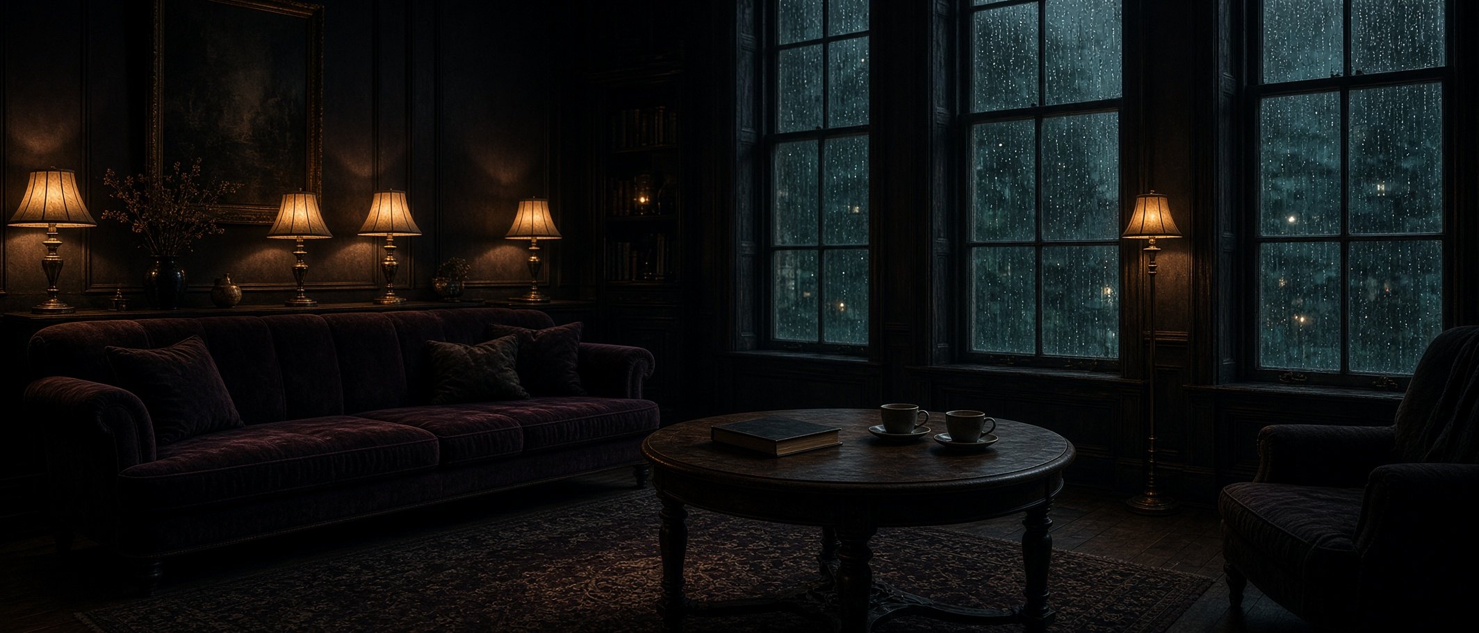 A quiet night salon with low lamps and rain on the windows