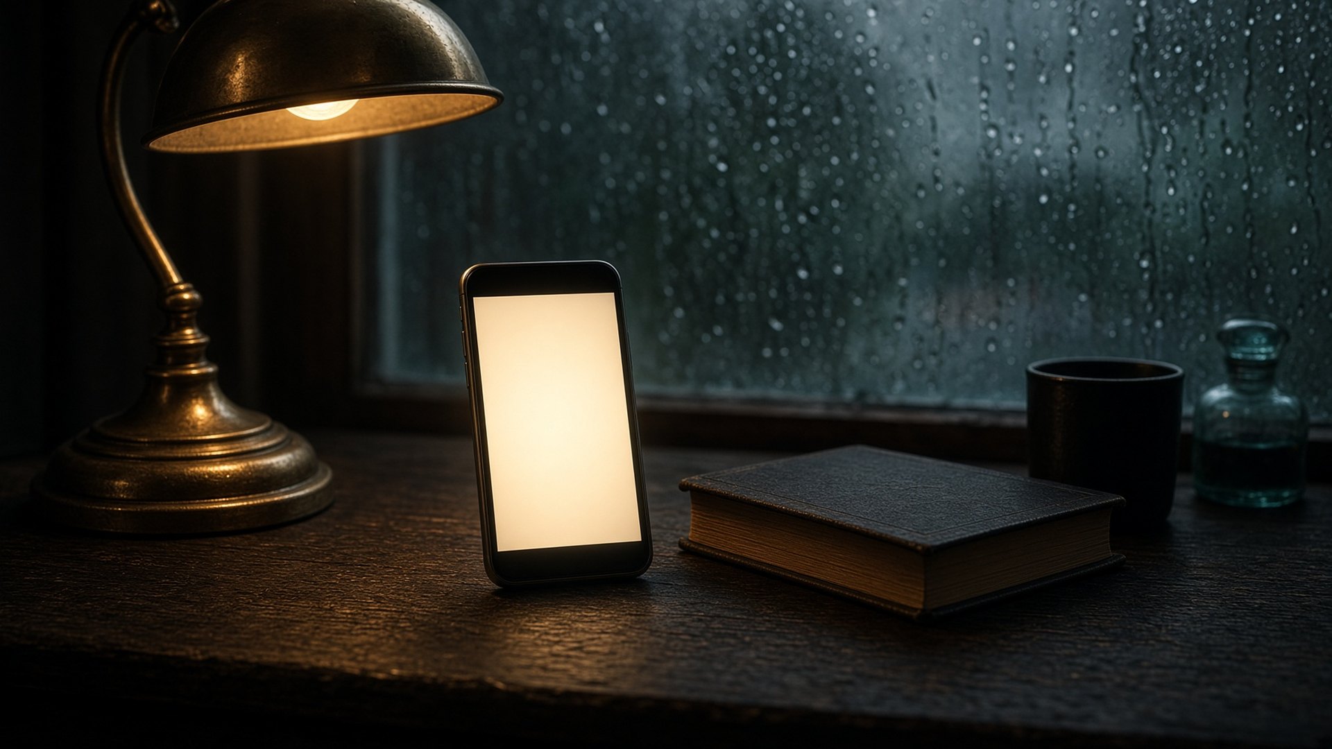 A phone standing on a writer's night desk